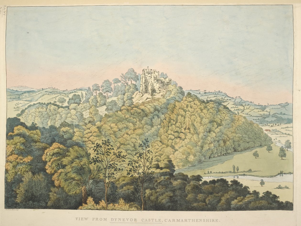 Térképek K Top 46, 35 d Kilátás a Dynevor kastélyból, kilátással a Towy folyóra és a Golden Grove-ra (kézzel színezett rézkarc) alkotó: James Bretherton