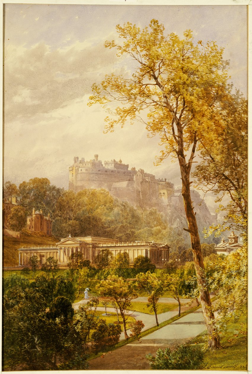 Kilátás a Princes Street Gardensre és a National Galleryre, Edinburgh nyugatra a kastély felé, 1855 alkotó: James Burrell Smith