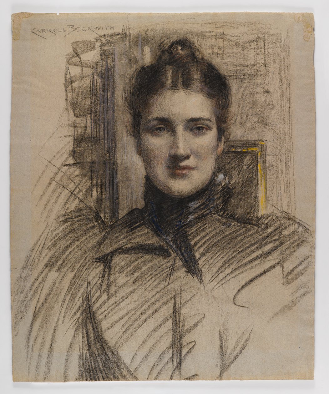 Minnie Clark portréja, 1890-es évek (szén, színes ceruzával vagy pasztellel, szürkéskék terített papíron) alkotó: James Carroll Beckwith