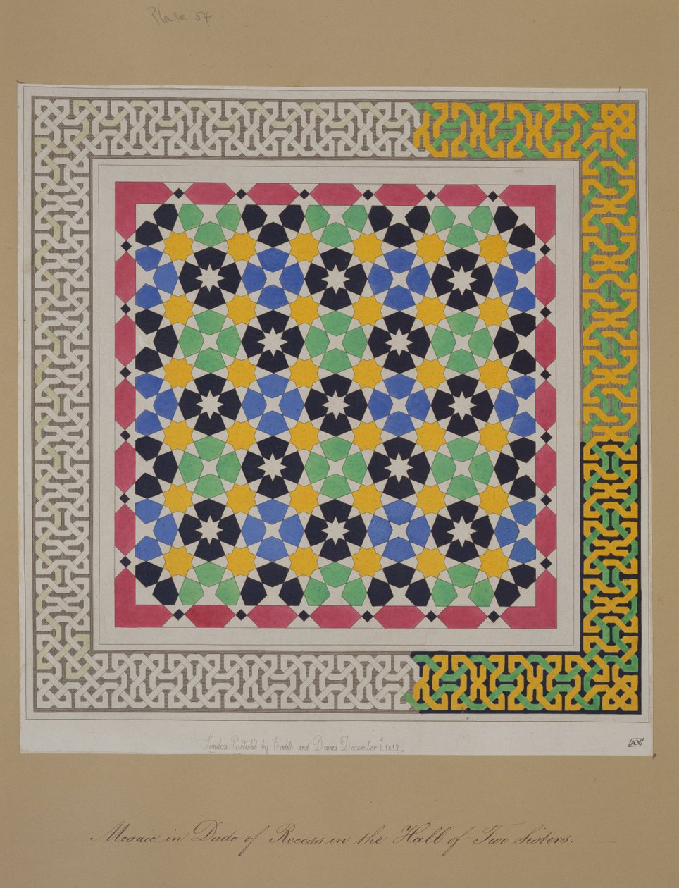 Mosaic in dado of recess in the Hall of Two Sisters, Alhambra, „The Arabian Antiquities of Spain” 1812-ben megjelent alkotó: James Cavanagh Murphy