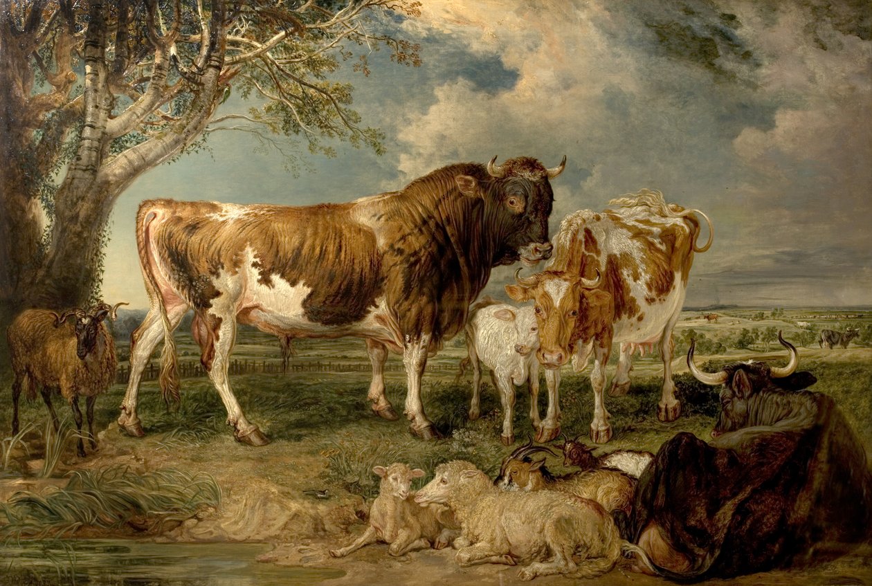 Bika, tehén és borjú egy tájban, 1837 alkotó: James Charles Ward