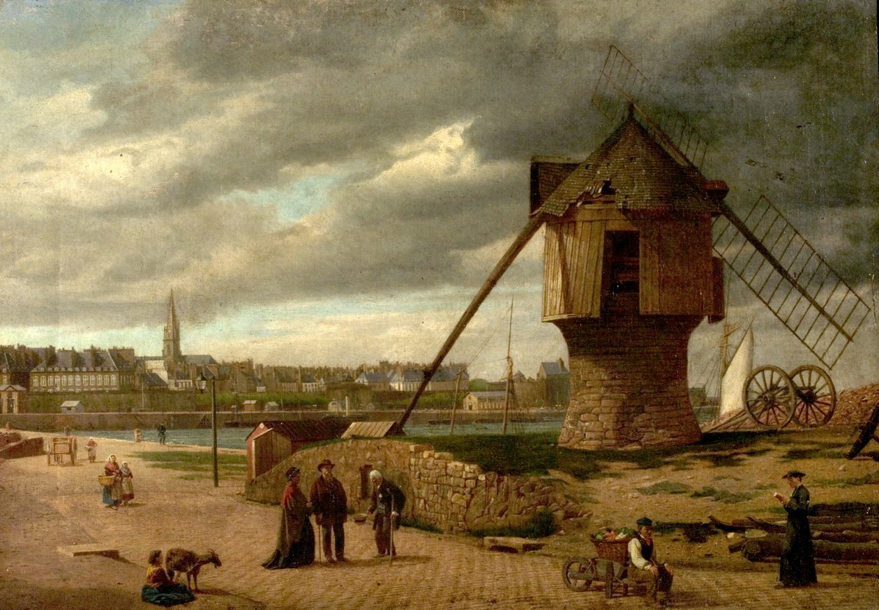Táj szélmalommal, St Malo, Franciaország, 1877 alkotó: James Collinson