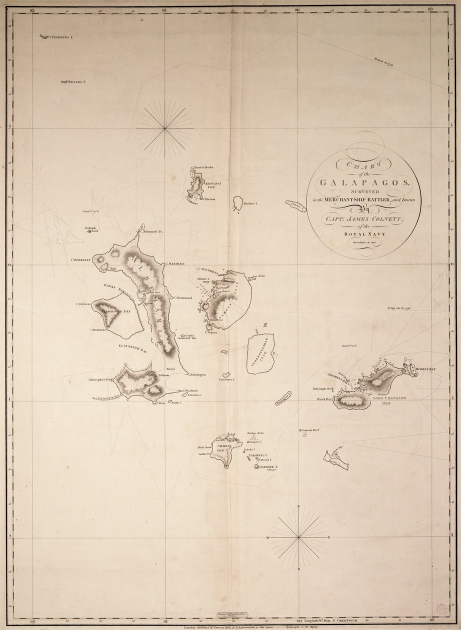 A Galapagos-szigetek térképe, amelyet a "Rattler" kereskedelmi hajóval mértek fel, és James Colnett kapitány, a Királyi Haditengerészet tagja rajzolt. Az 1832. évi javítások. alkotó: James Colnett