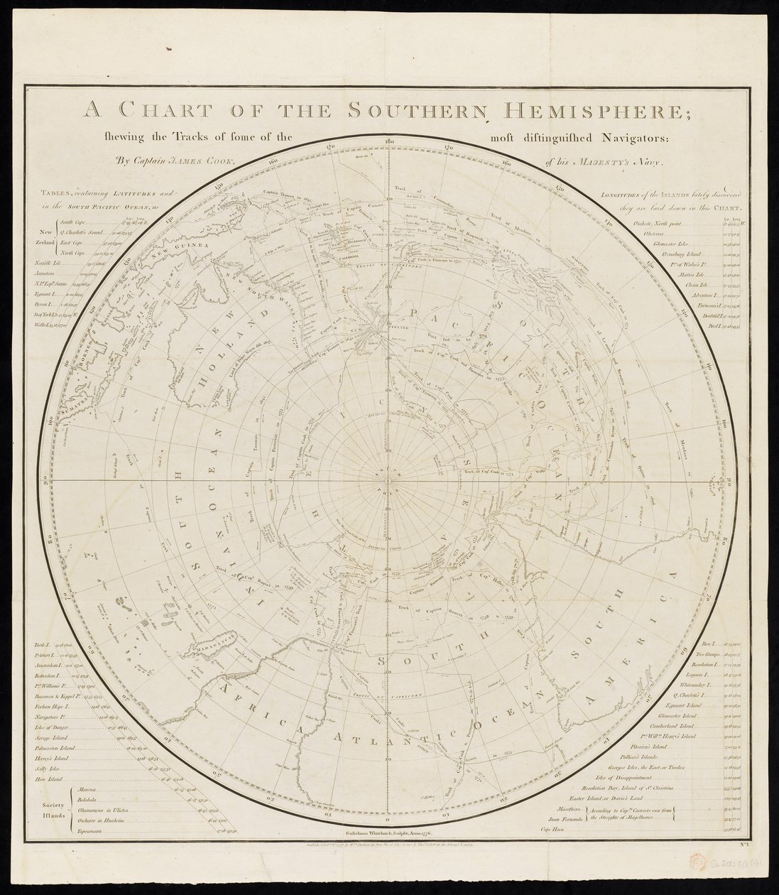 A déli félteke térképe; a legkiválóbb navigátorok némelyikének nyomvonalát bemutatva, James Cook kapitány, Őfelsége haditengerészetének tagja által. alkotó: James Cook