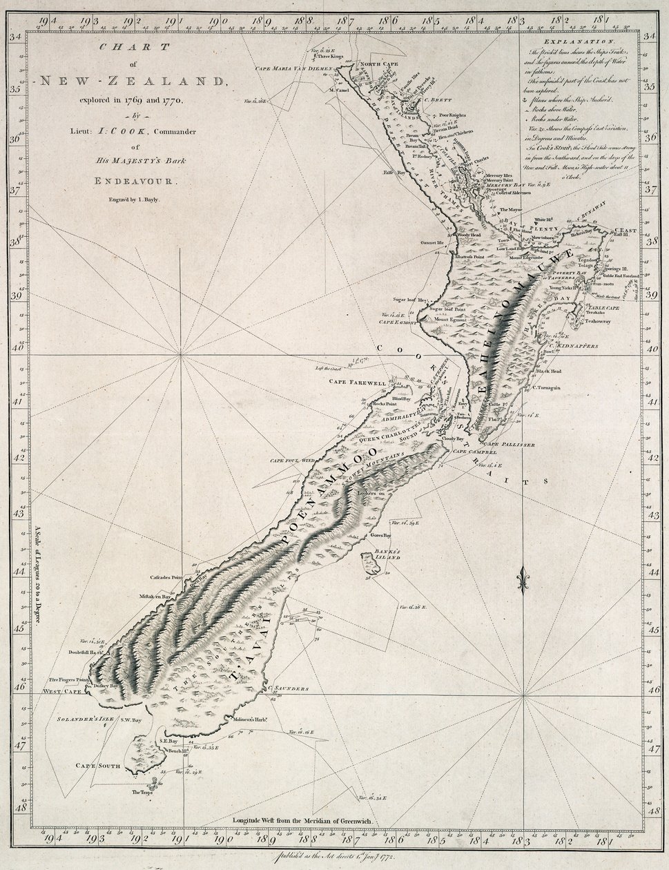 Új-Zéland térképe, amelyet 1769-ben és 1770-ben J. Cook hadnagy, Őfelsége Endeavour nevű hajójának parancsnoka fedezett fel. alkotó: James Cook