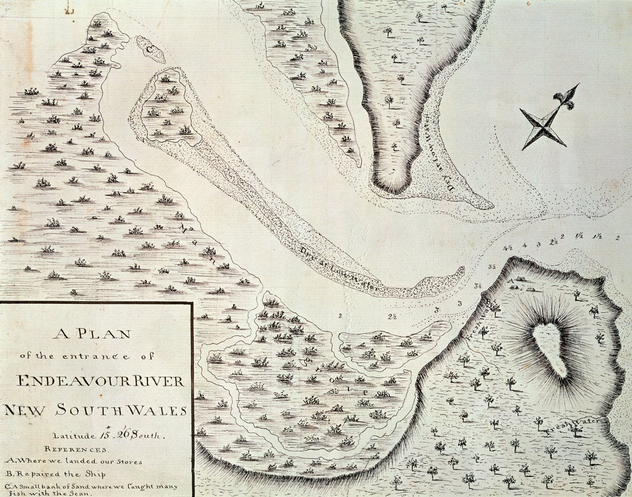 Térkép az Endeavour folyó bejáratáról, térkép James Cook (1728-1779) 1768 és 1771 közötti első útjának beszámolójából, Ausztrália alkotó: James Cook