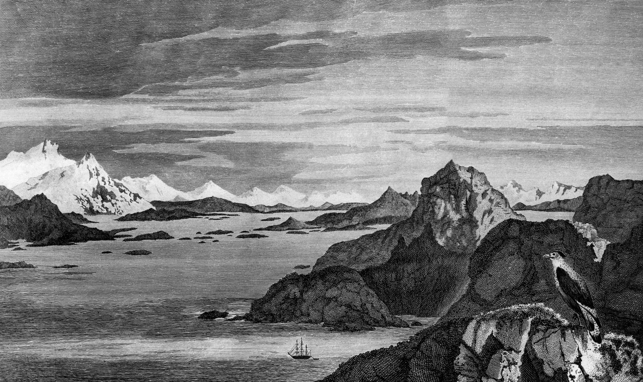 A karácsonyi hang képe, Tierra del Fuego, William Hodges rajza, William Watts metszete, illusztráció az Utazás a déli sark felé című filmből és a Kerek világ, James Cook (1728-1779) kiadása 1778-ban Párizsban jelent meg alkotó: James Cook