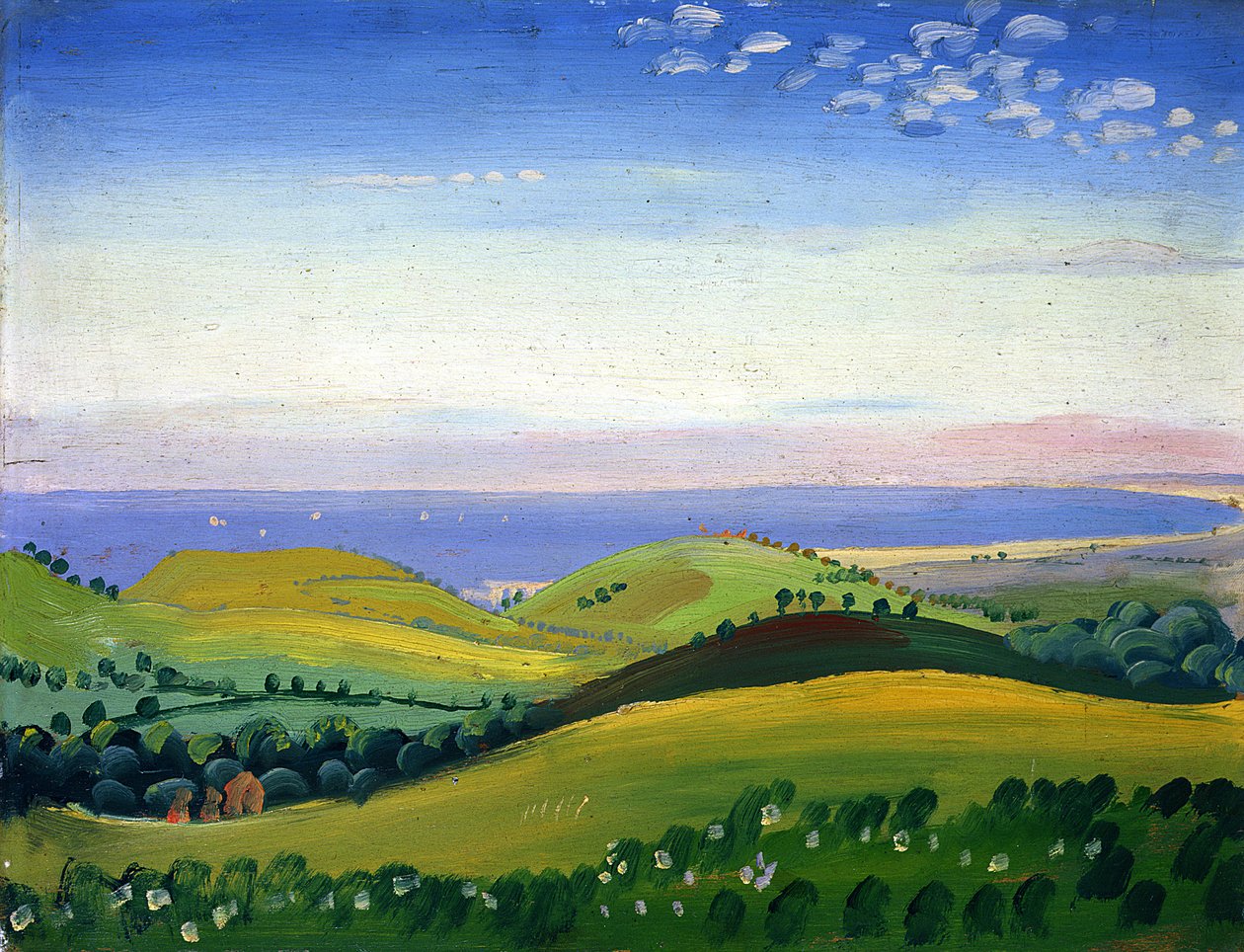 Kilátás a White Hartról, Guestling, Sussex, 1911-12 körül (olaj, panel) alkotó: James Dickson Innes