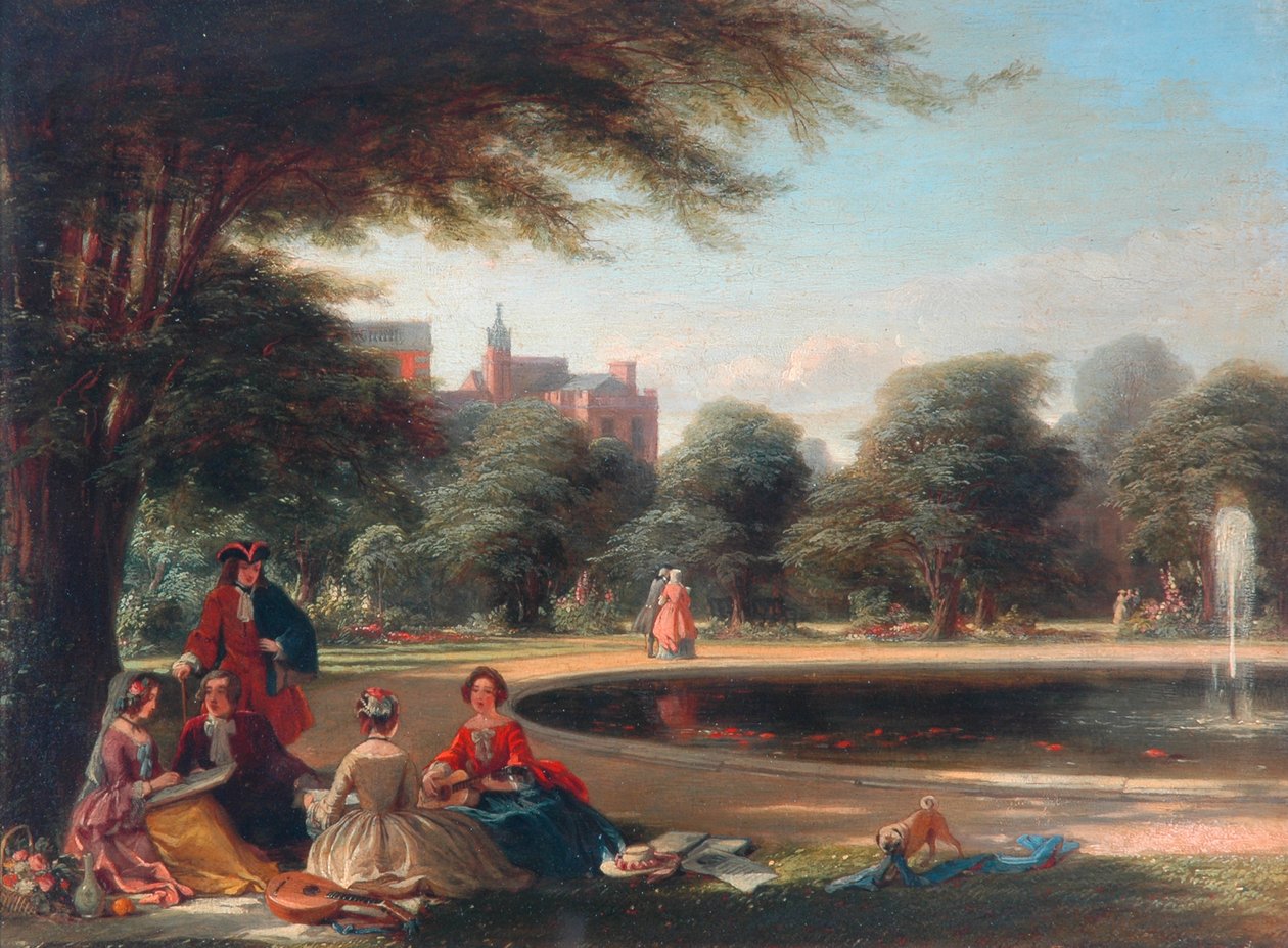 Hampton Court, a szökőkút (olaj a panelen) alkotó: James Digman Wingfield