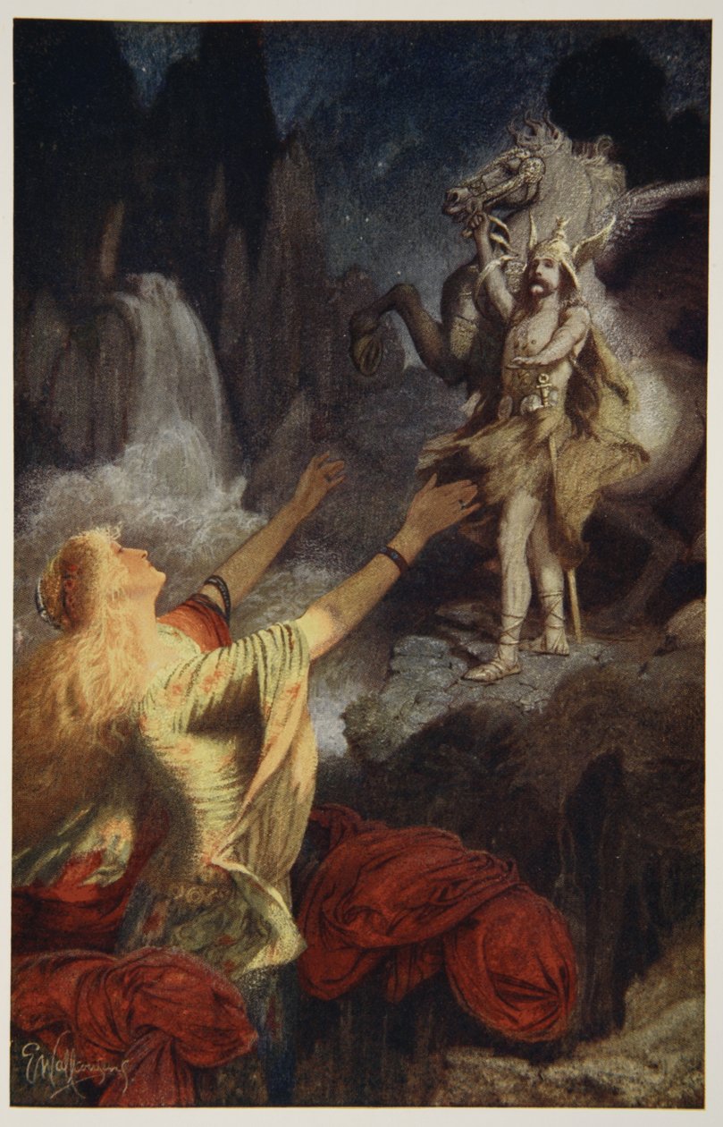 Hundingsbanes visszatér Valhalba, illusztrációja Donald A. Makenzie „Teuton mítoszok és legendák” című könyvéből, 1890 alkotó: James Doyle Penrose