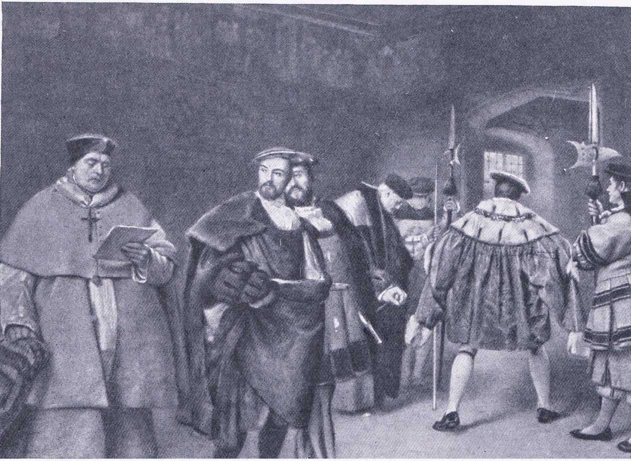 Wolsey bíboros elbocsátása VIII. Henrik király által, a Cassells History of the British People című könyvéből, amelyet a Waverley Book Company adott ki, az 1950-es évek körül alkotó: James Dromgole Linton