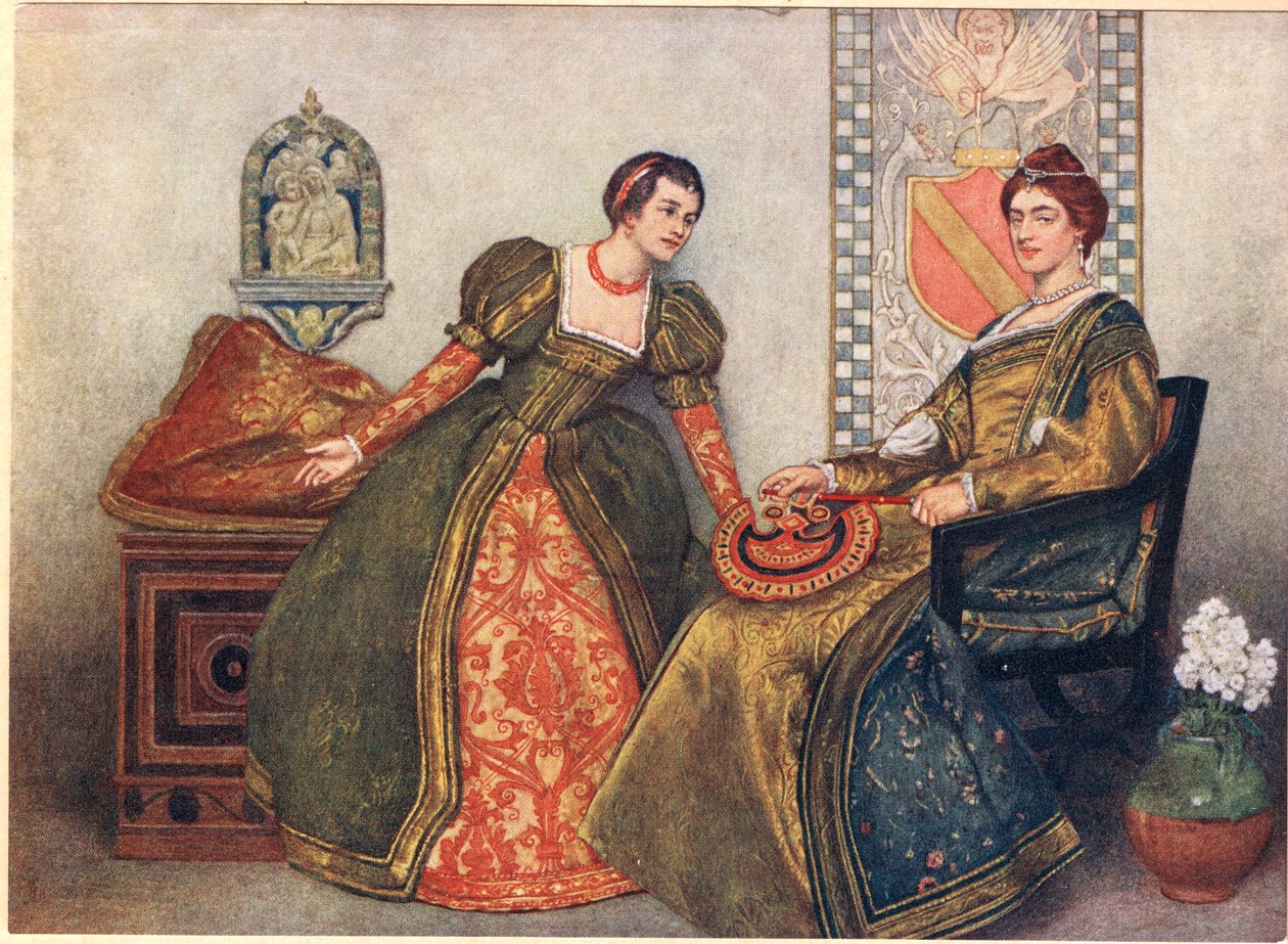 Portia és Nerissa, illusztráció a „Velencei kereskedő” című művéből, 1910 körül alkotó: James Dromgole Linton