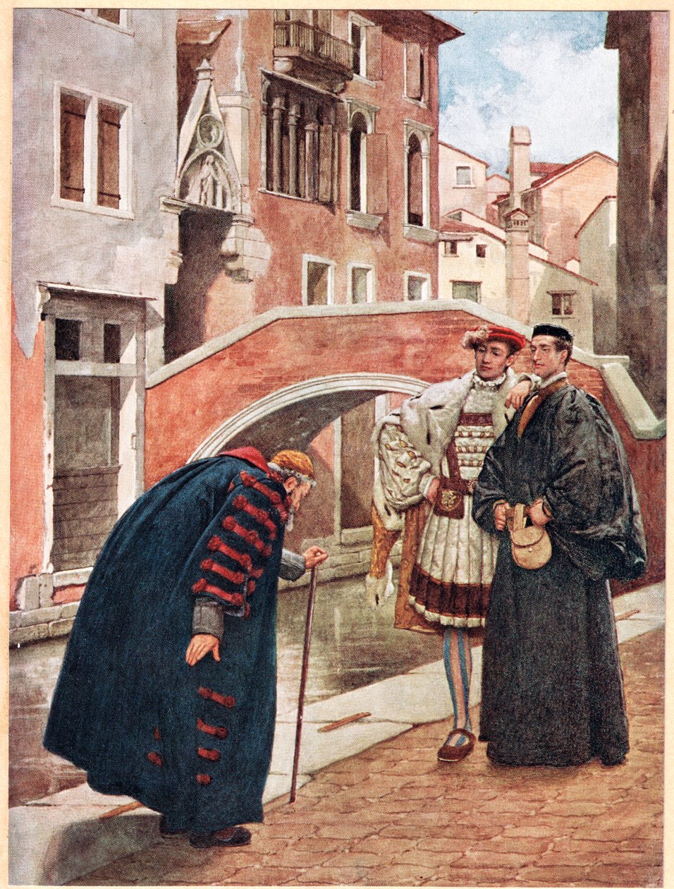 „Elfojtott lélegzettel és suttogó alázattal”, illusztráció a „Velencei kereskedő” című könyvből, 1910 körül alkotó: James Dromgole Linton