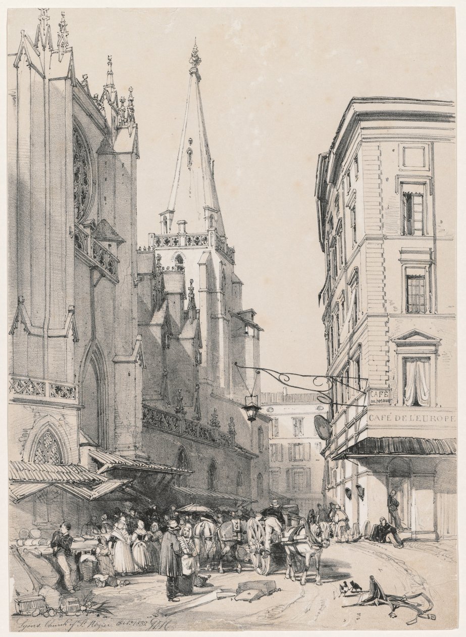 Vázlatok itthon és külföldön: Lyons Church of St. Hezier, 1832. október alkotó: James Duffield Harding