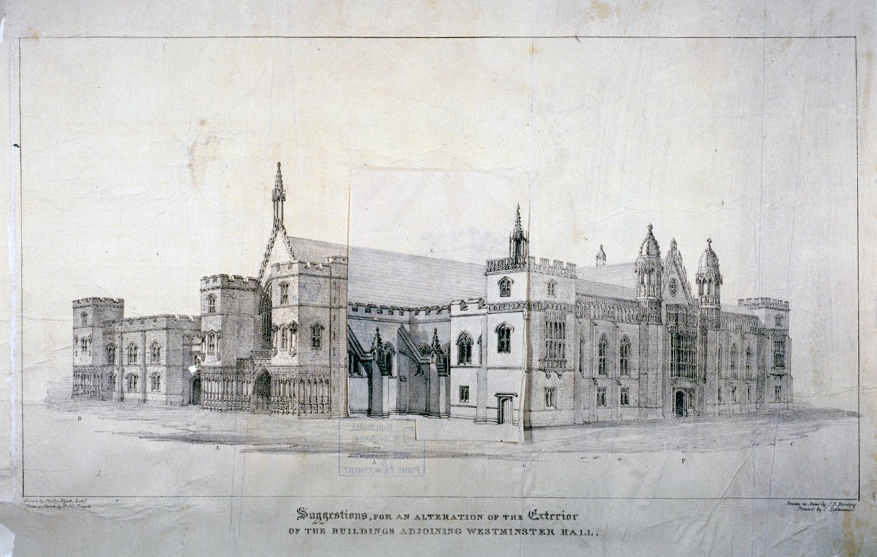 Javaslatok a Westminster Hall szomszédságában lévő épületekhez, London, 1825. alkotó: James Duffield Harding