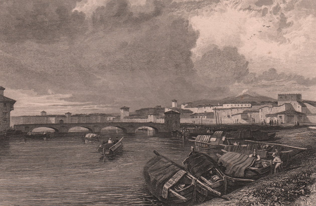 Kilátás az Arno folyóra Pisában, Toszkánában, Olaszországban, Thomas Higham (1796-1844) acélmetszete James Duffield Harding (1798-1863) rajza alapján alkotó: James Duffield Harding