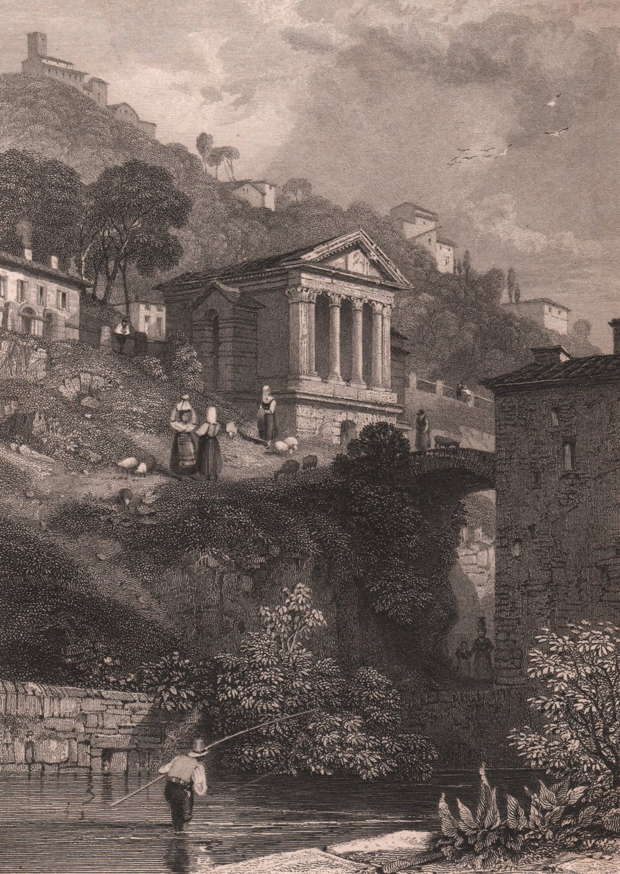 Kilátás a Clitumnus-templomra a Clitunno-folyó mentén, Campello sul Clitunno közelében, Umbria, Olaszország, Jordan acélmetszet James Duffield Harding (1798-1863) rajza alapján, kb 10, 5x15 cm alkotó: James Duffield Harding
