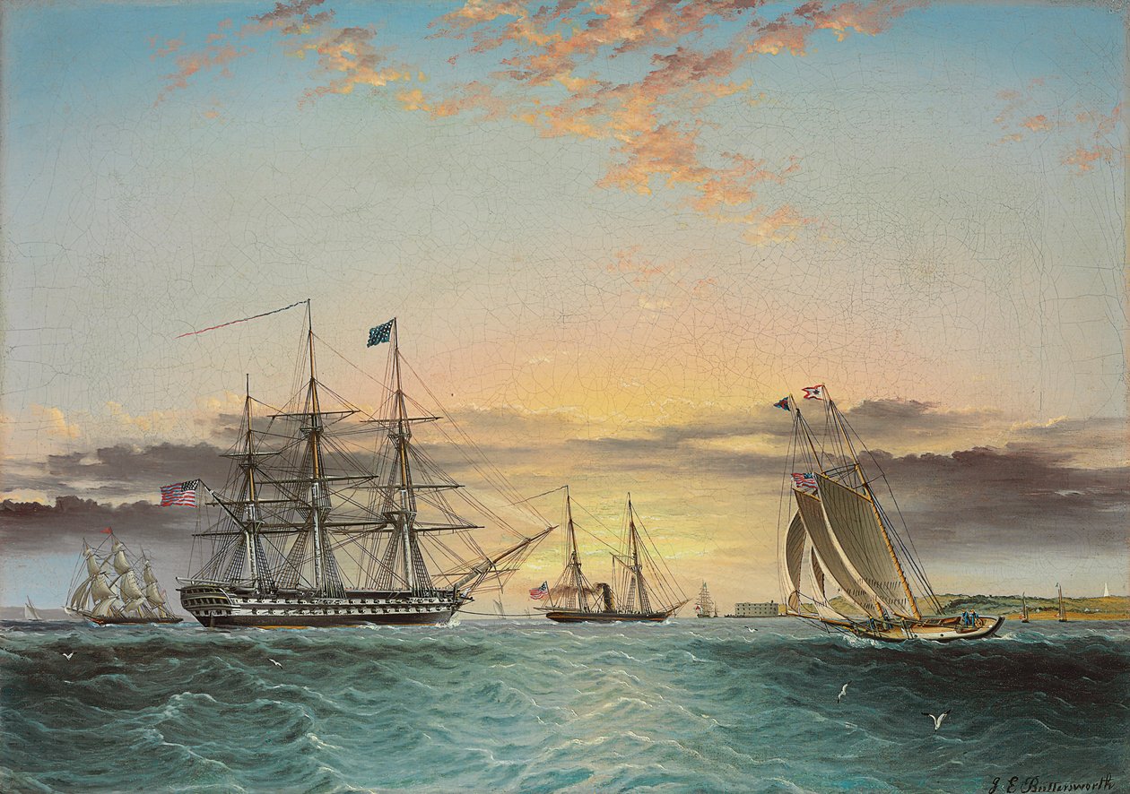 Az U.S.S. Ohio Under Tow az alsó-öbölben, New Yorkban, kilátással a Fort Hamiltonra alkotó: James E. Buttersworth