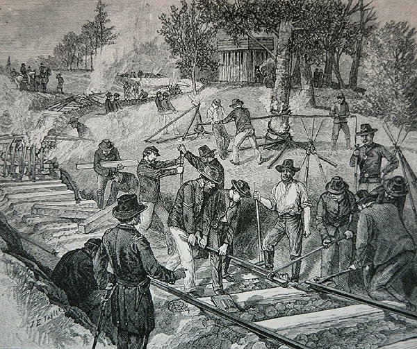 Csapatok tönkretesznek egy vasúti pályát (metszet) alkotó: James E. Taylor