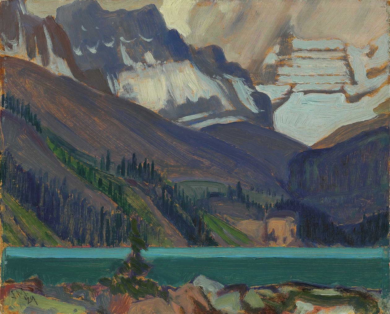 Hófelhők, OHara-tó, 1929 (olaj préselt kartonon) alkotó: James Edward Hervey Macdonald