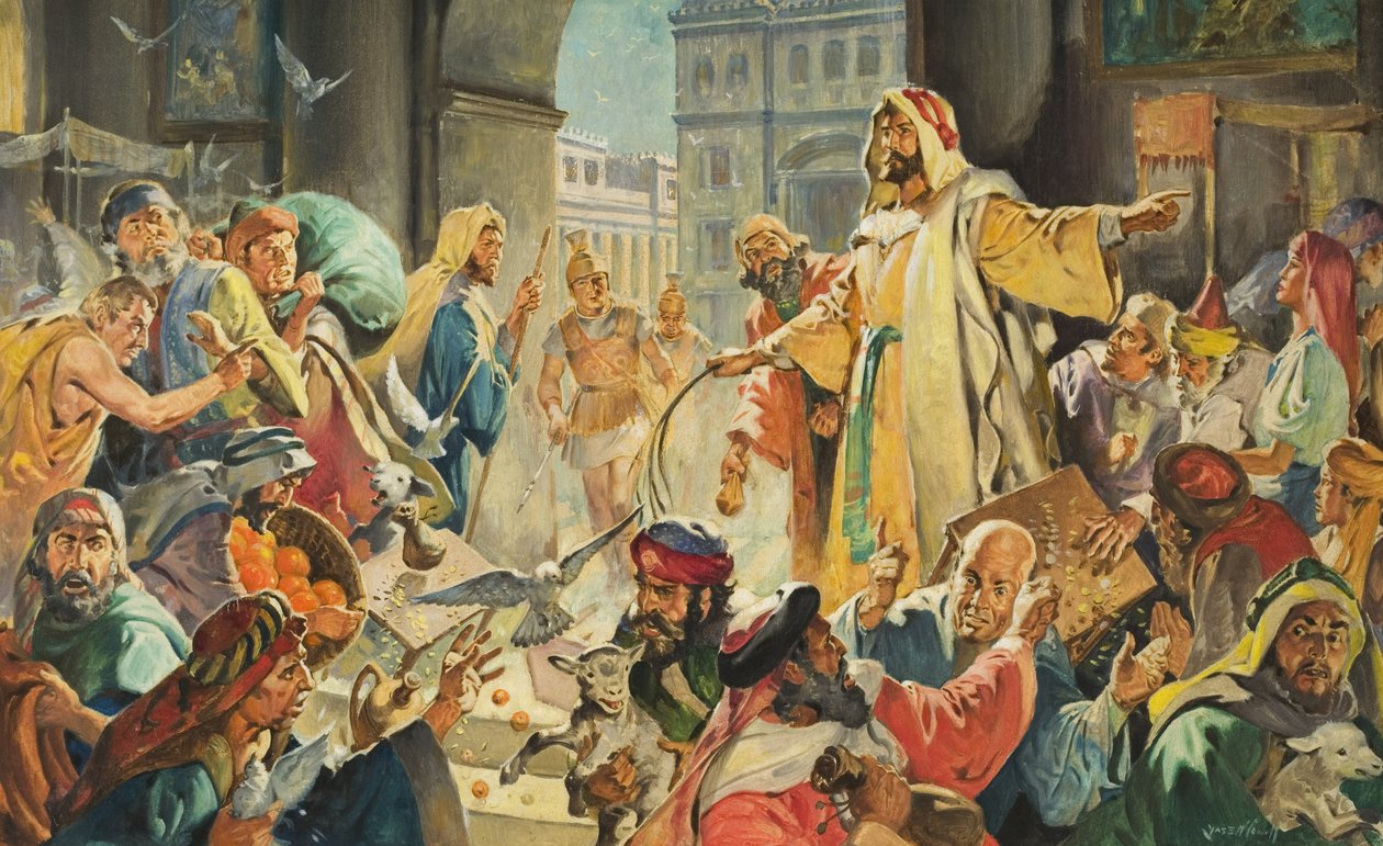 Jézus eltávolítja az uzsorásokat a templomból (gouache, papír) alkotó: James Edwin McConnell