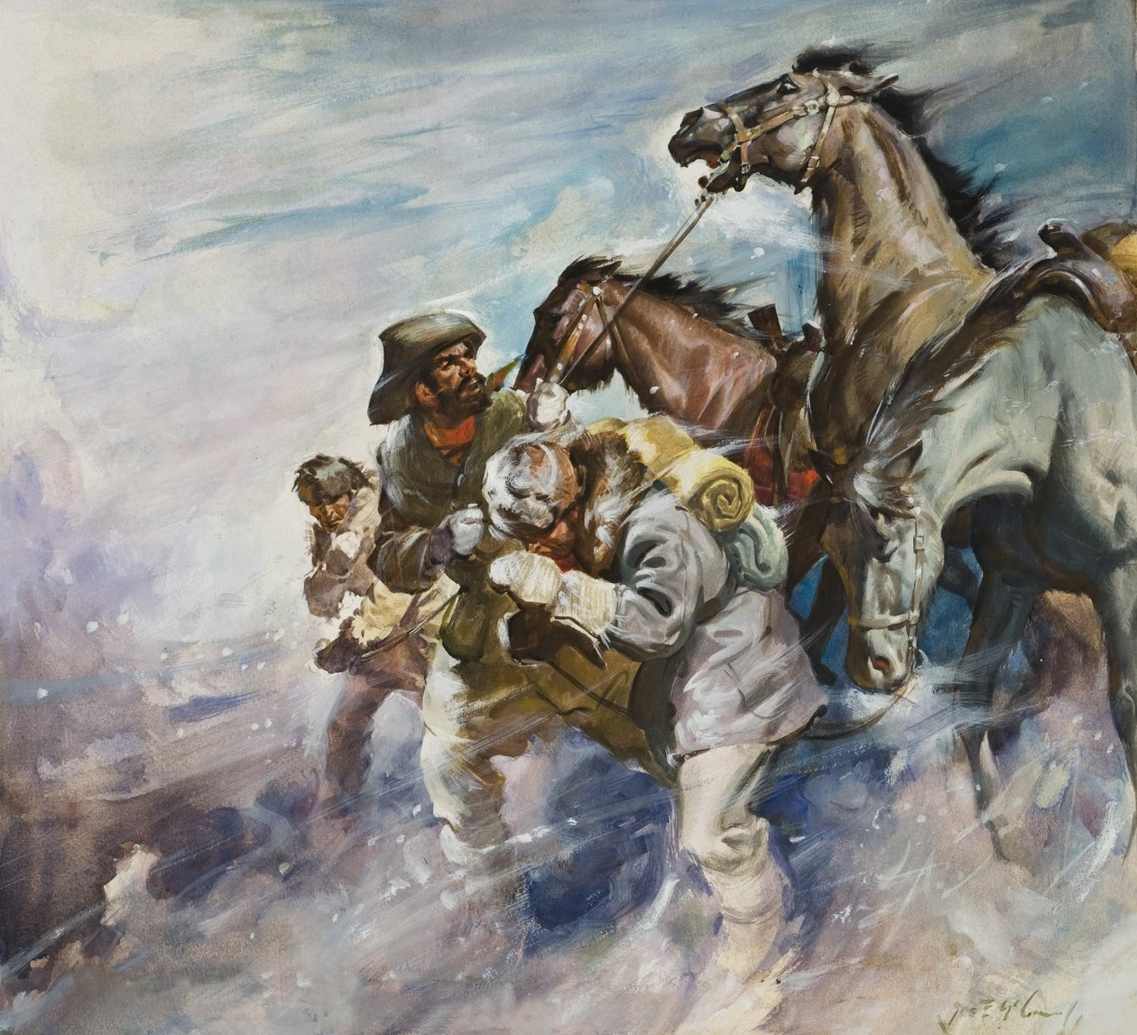 Férfiak és lovak viharban (gouache, papír) alkotó: James Edwin McConnell
