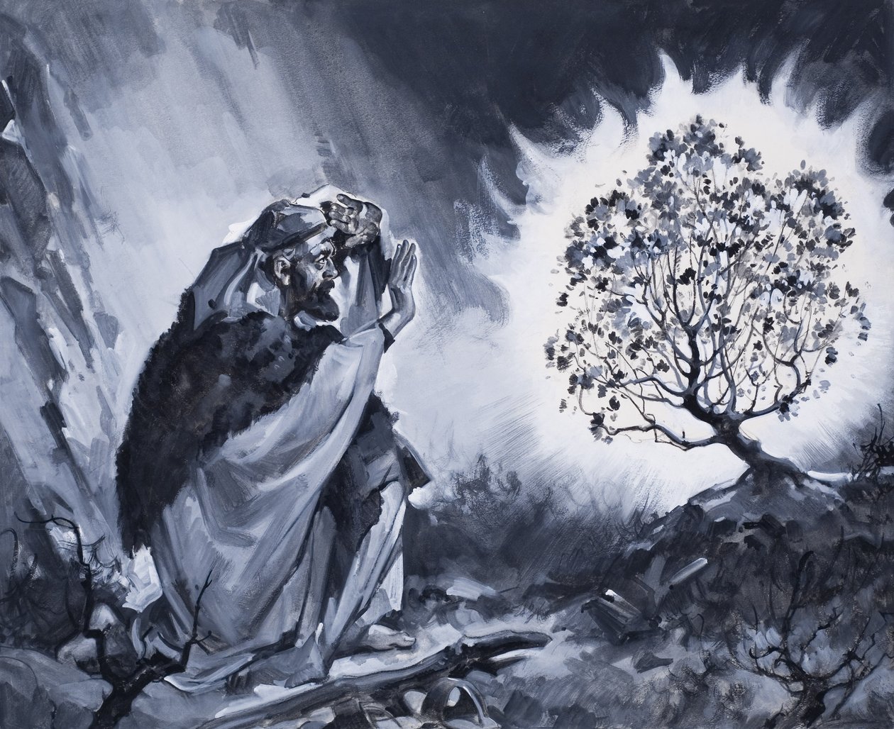 Mózes és az égő csipkebokor (gouache, papír) alkotó: James Edwin McConnell