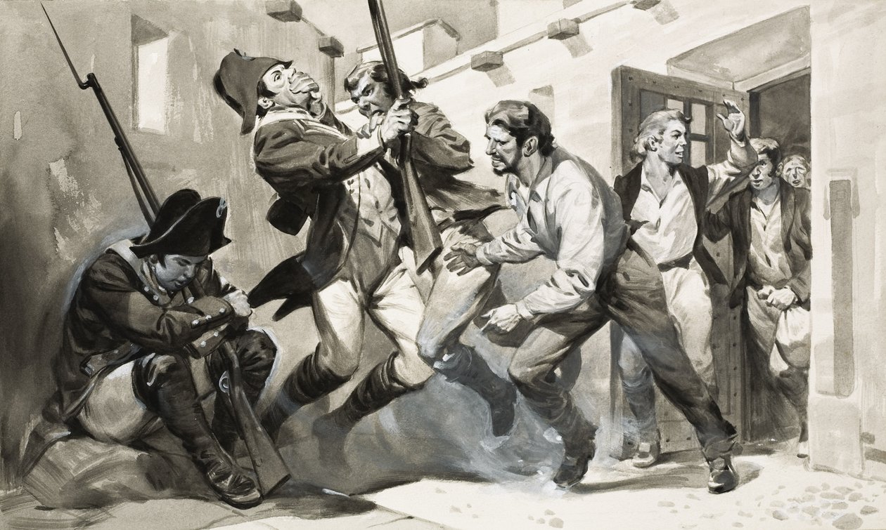 William Scoresby megszökik a spanyol börtönből (gouache, papír) alkotó: James Edwin McConnell