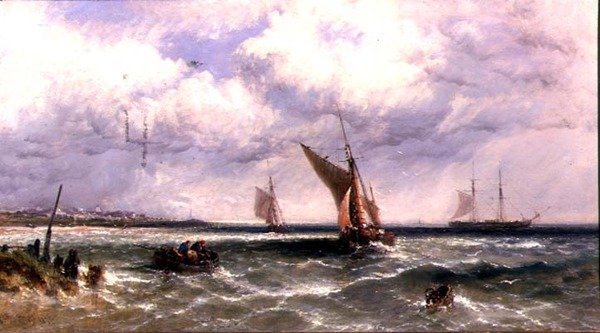 Horgászcsónakok érkeznek a partra két mesterrel a Anchor Beyondnál alkotó: James Edwin Meadows