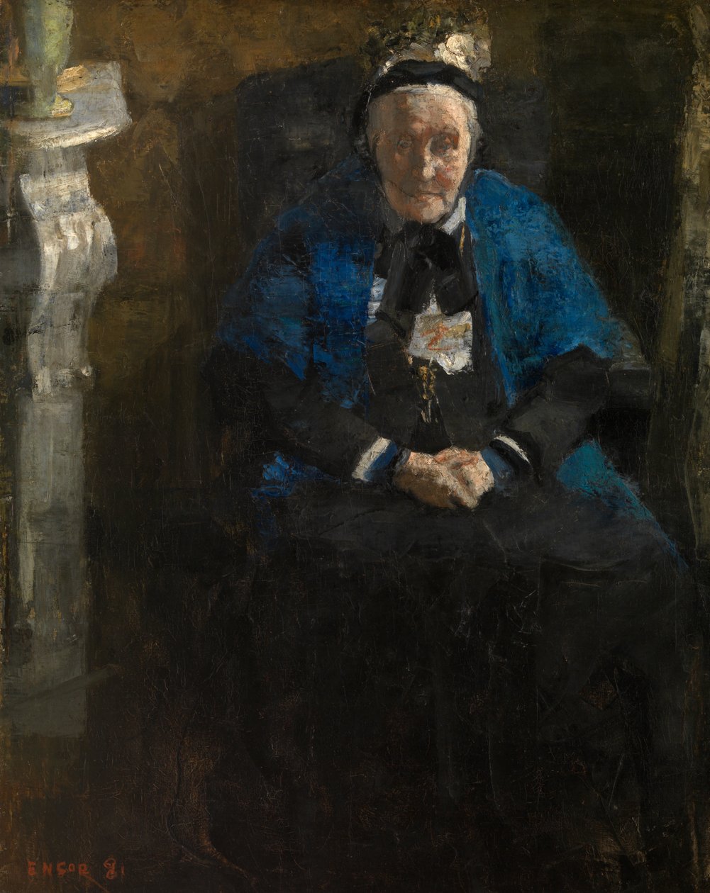 Hölgy kék sállal alkotó: James Ensor