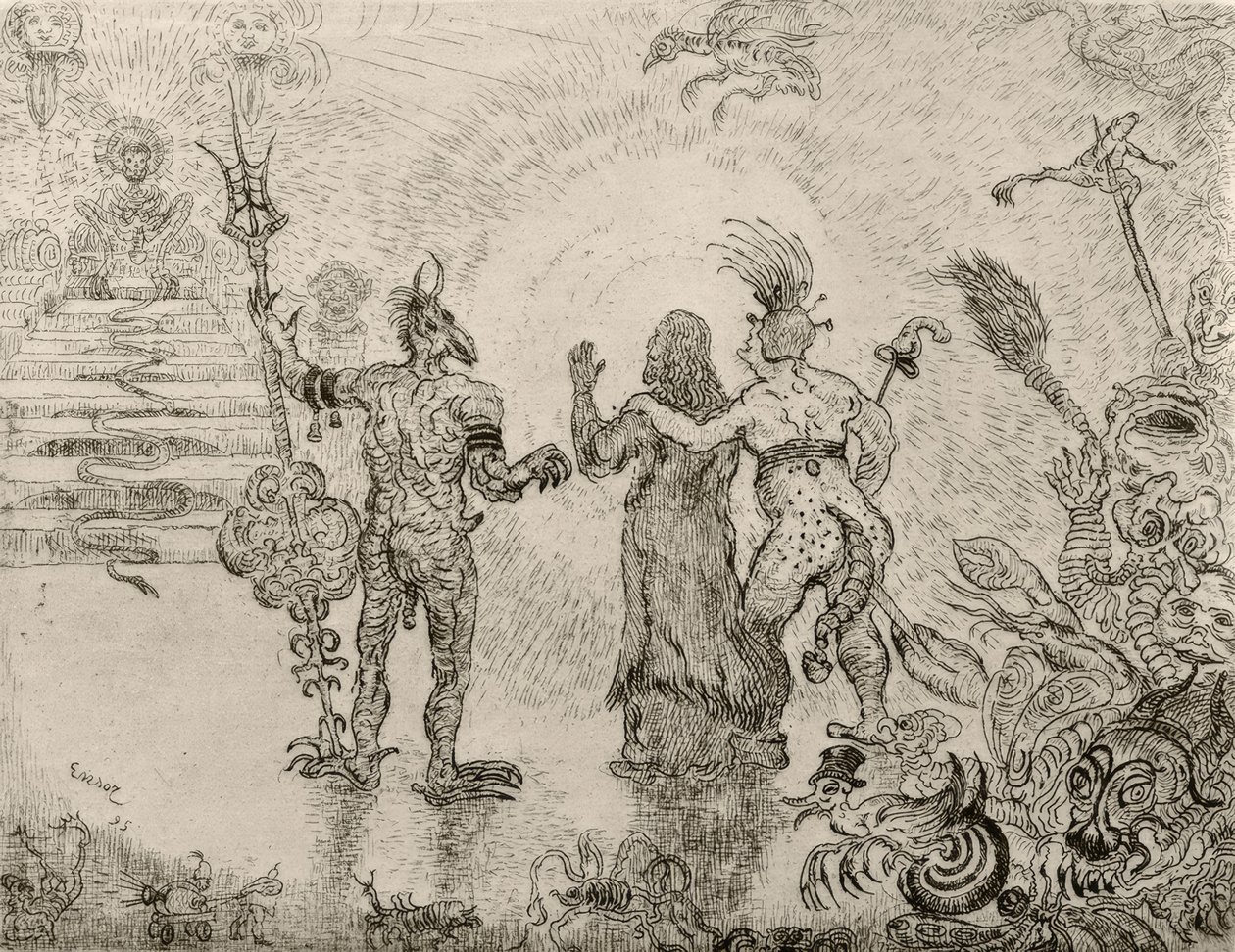 A Dzitts és a Hihanox ördögök elvezetik Krisztust a pokolba - A Dzitts démonok Hihanoxban a pokolba vezetik Krisztust alkotó: James Sidney Ensor