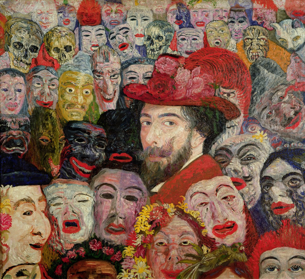 Portrém álarcokkal körülvéve alkotó: James Ensor