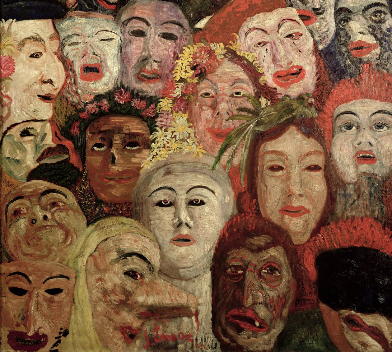 Portrém álarcokkal körülvéve alkotó: James Ensor