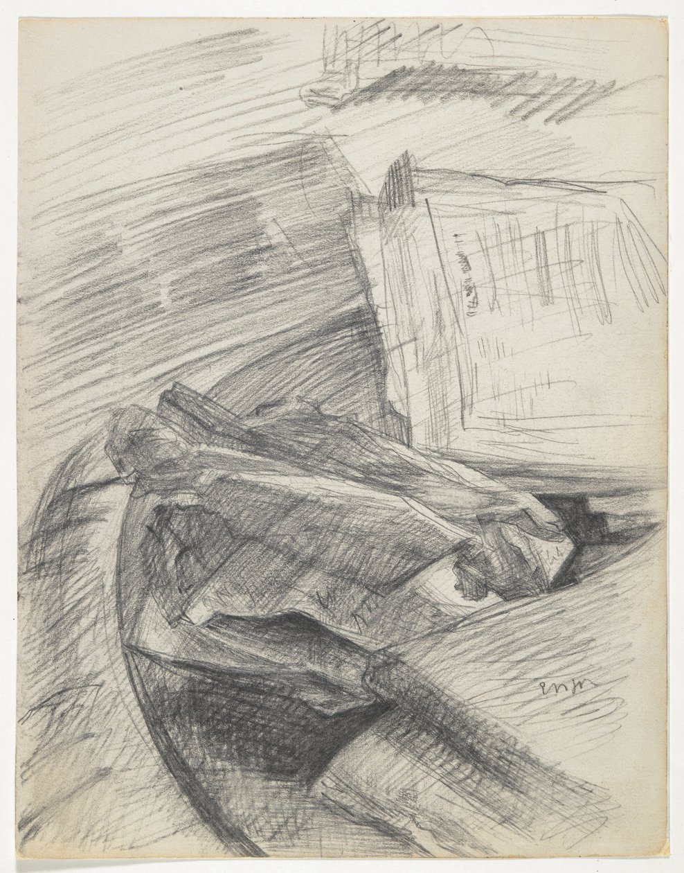 Papírok és könyvek egy asztalon elrendezve alkotó: James Ensor