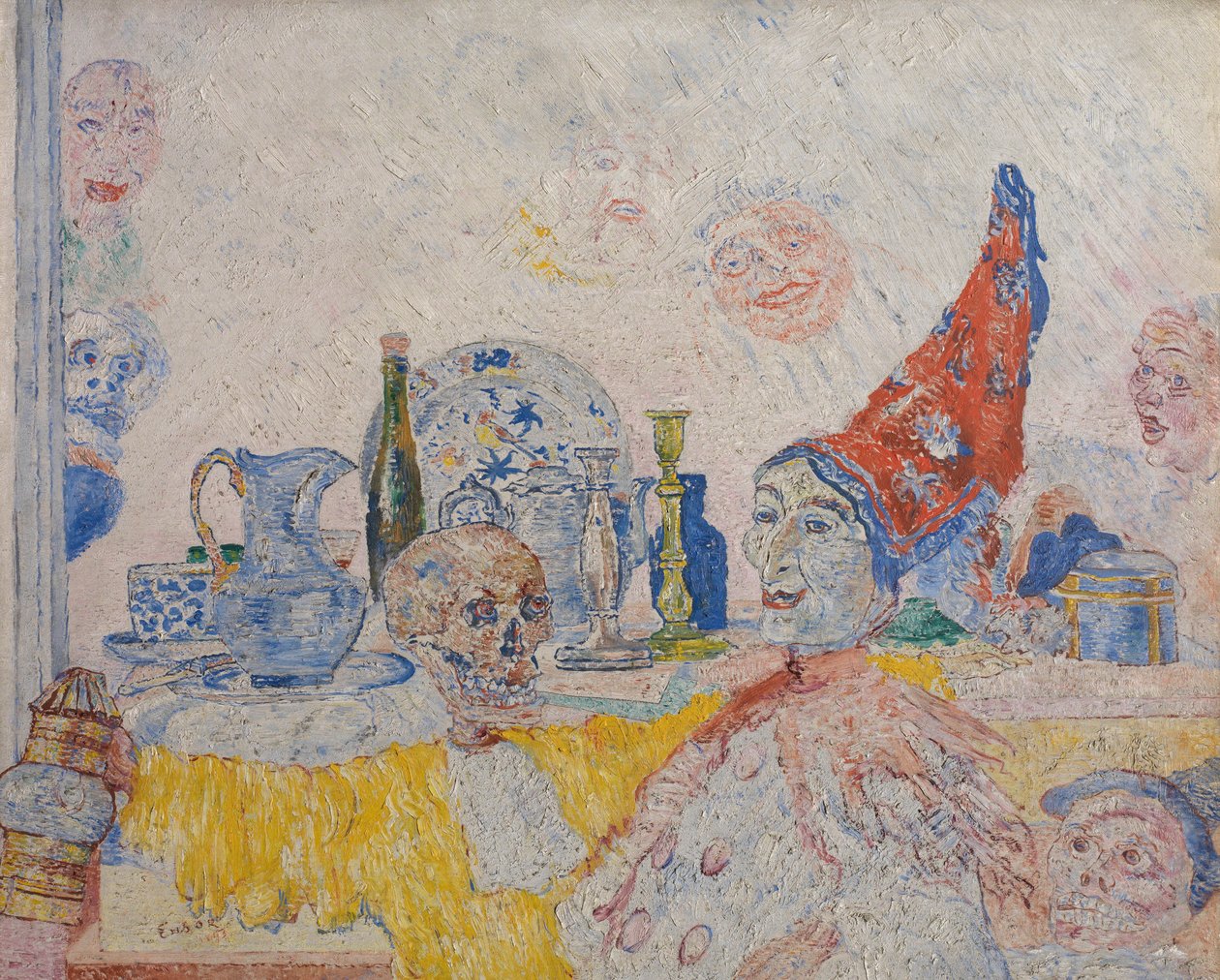 Pierrot és csontváz sárga köntösben alkotó: James Ensor