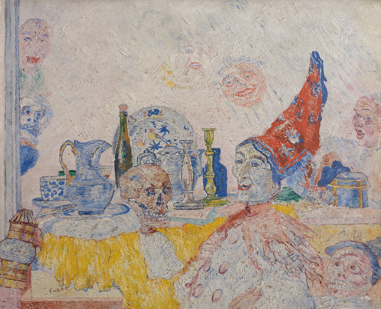 Pierrot és csontváz sárga köpenyben alkotó: James Ensor