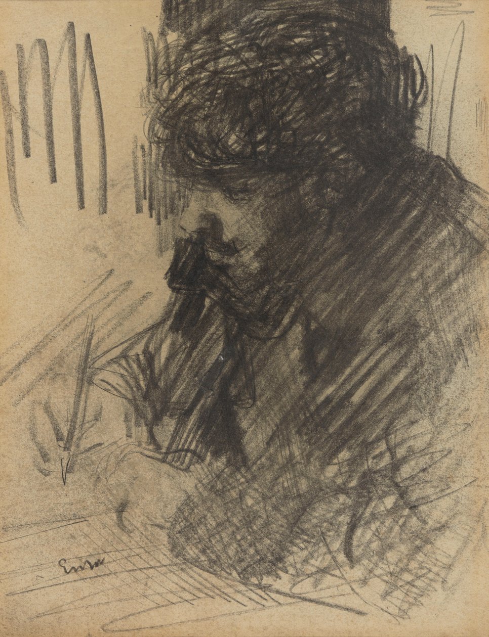 Dario de Regoyos írás közben – portré alkotó: James Ensor