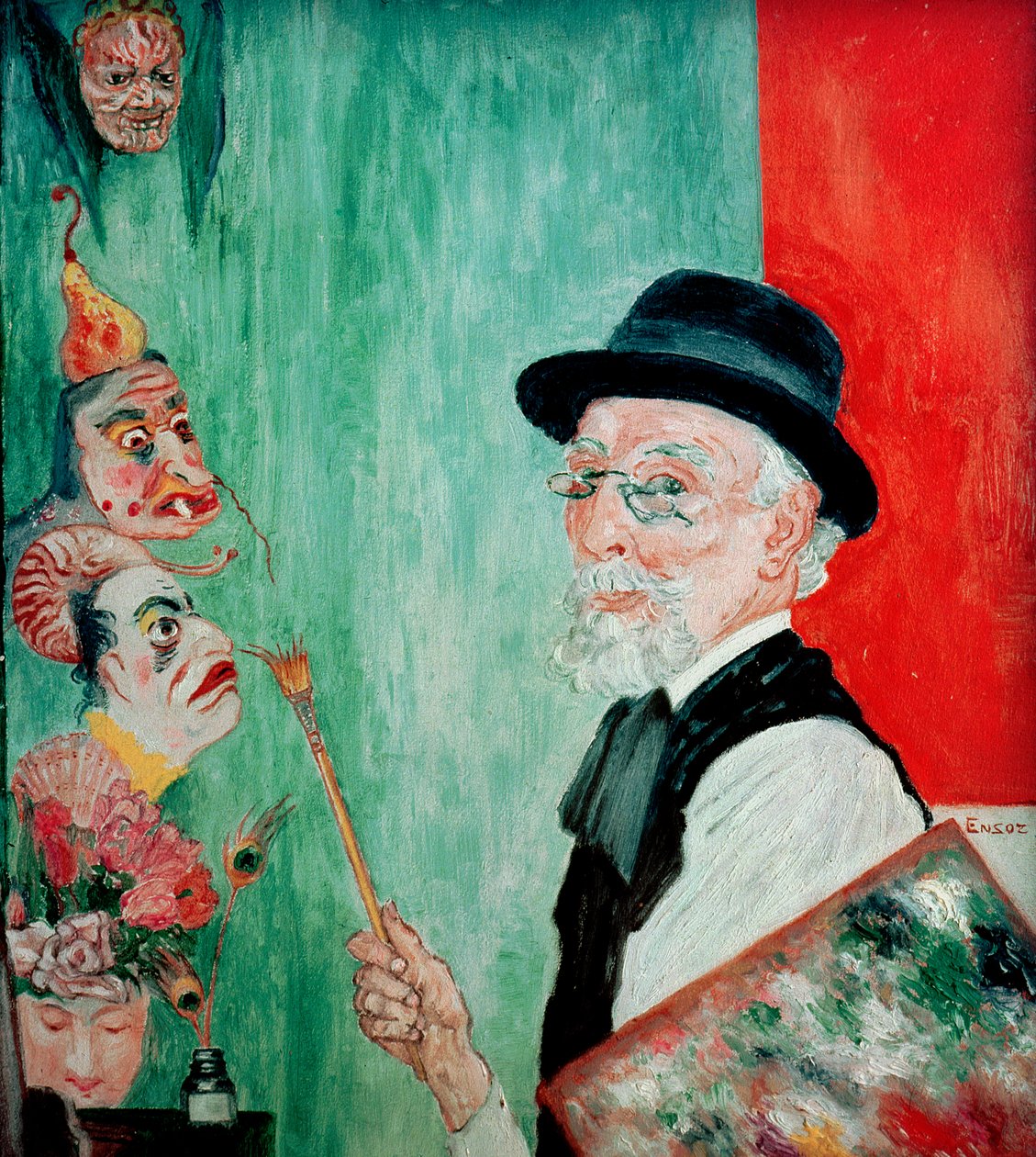 Önarckép maszkokkal. 1936 (olaj a panelen) alkotó: James Ensor