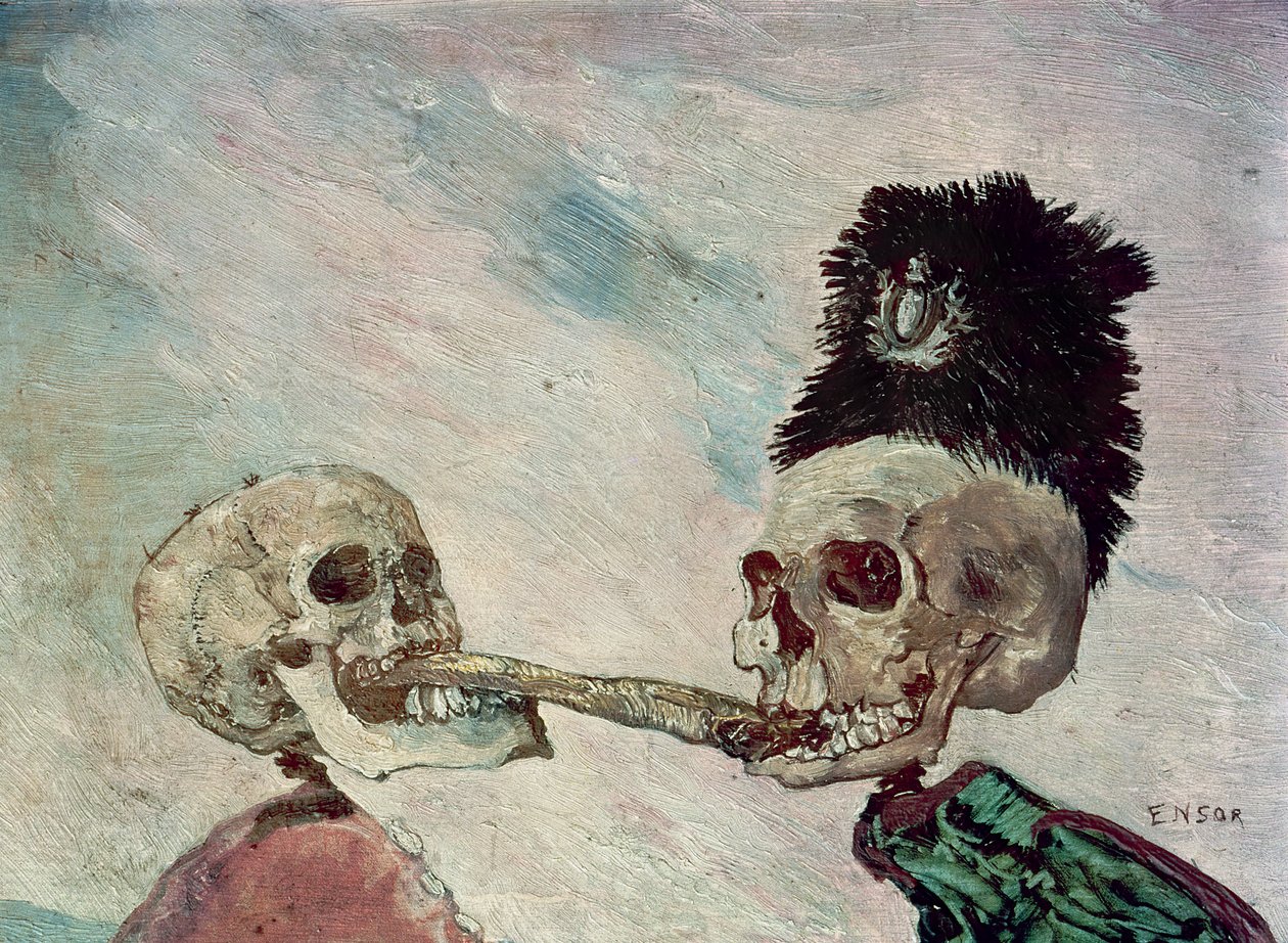 Csontvázak harcolnak egy hering miatt (olaj a panelen) alkotó: James Ensor