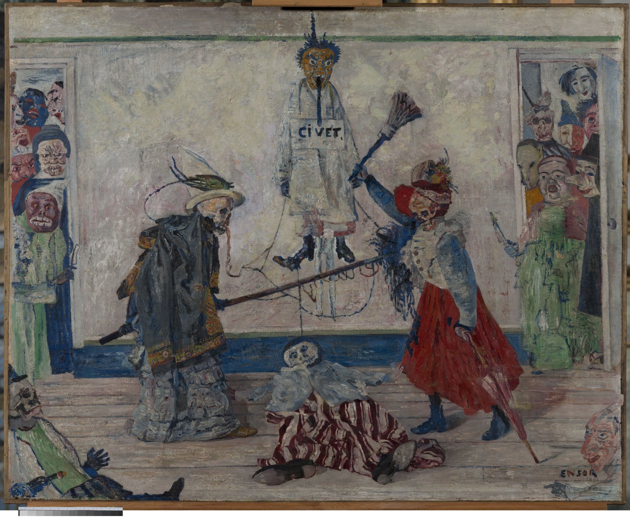 Csontvázak egy felakasztott ember holttestéért harcolnak alkotó: James Ensor