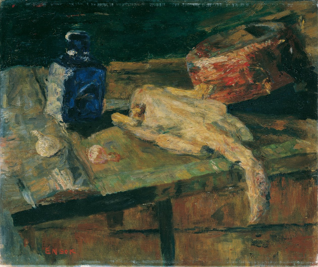 Csendélet kék üveggel és kopasztott csirkével alkotó: James Ensor