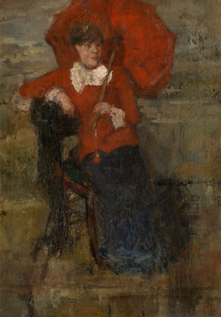 A hölgy vörös napernyővel (olaj, vászon) alkotó: James Ensor