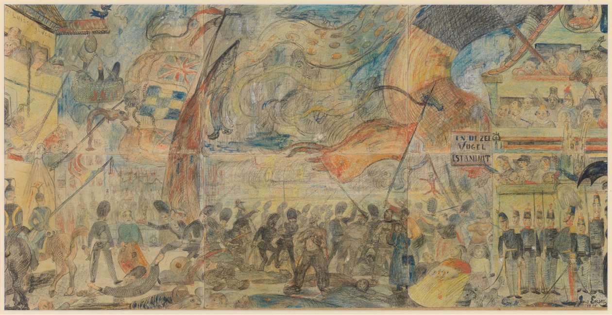 A sztrájk (kréta, ceruza és pasztell, papírra, kartonra szerelve) alkotó: James Ensor