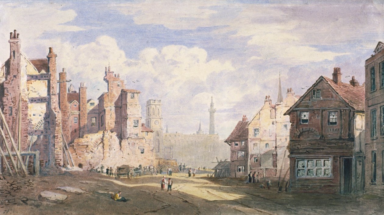 Régi házak lebontása Walbrook közelében, hogy helyet adjon a King William Streetnek, London City, 1834 alkotó: James Fahey