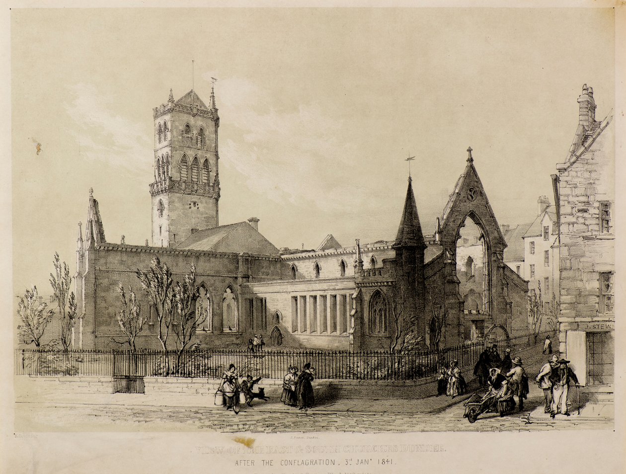 Kilátás a keleti és déli templomokra, Dundee, a tűzvész után, 1841. január 3. alkotó: James Fenton