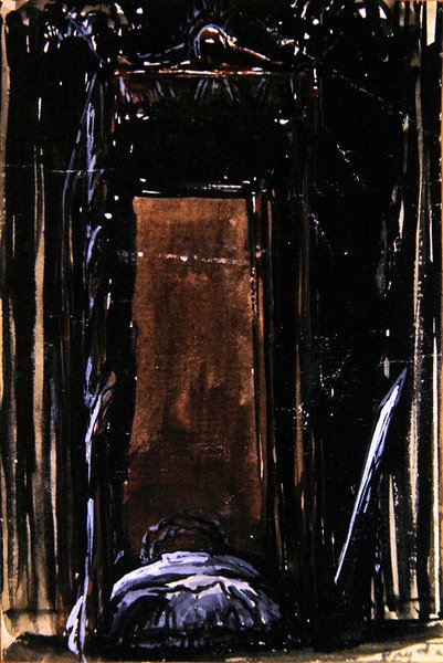 Az ágy, 1909 körül (tinta és gouache papíron) alkotó: James Ferrier Pryde