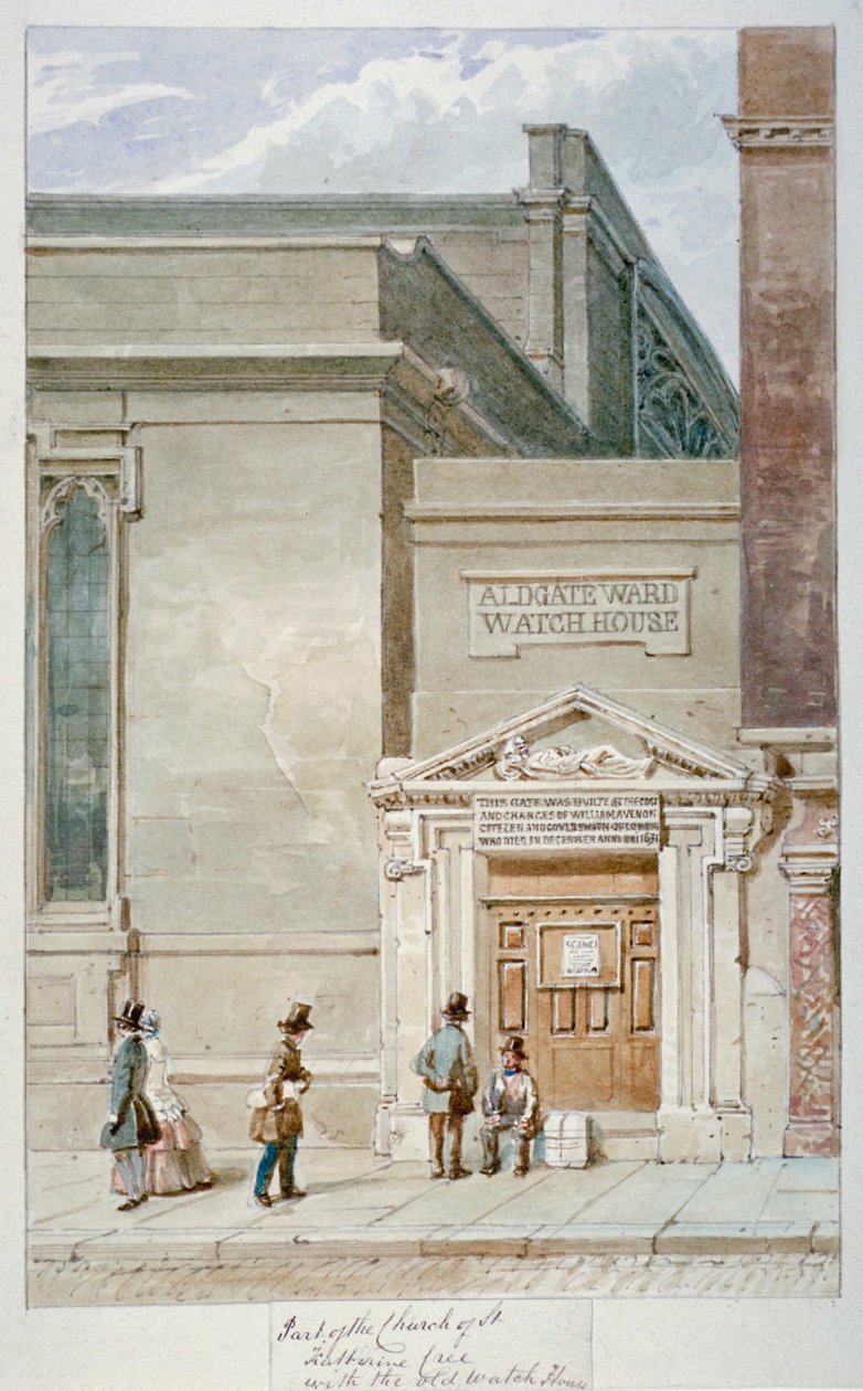 Részleges kilátás a St Katherine Cree-re és az Aldgate őrházra, London City, 1830 alkotó: James Findlay