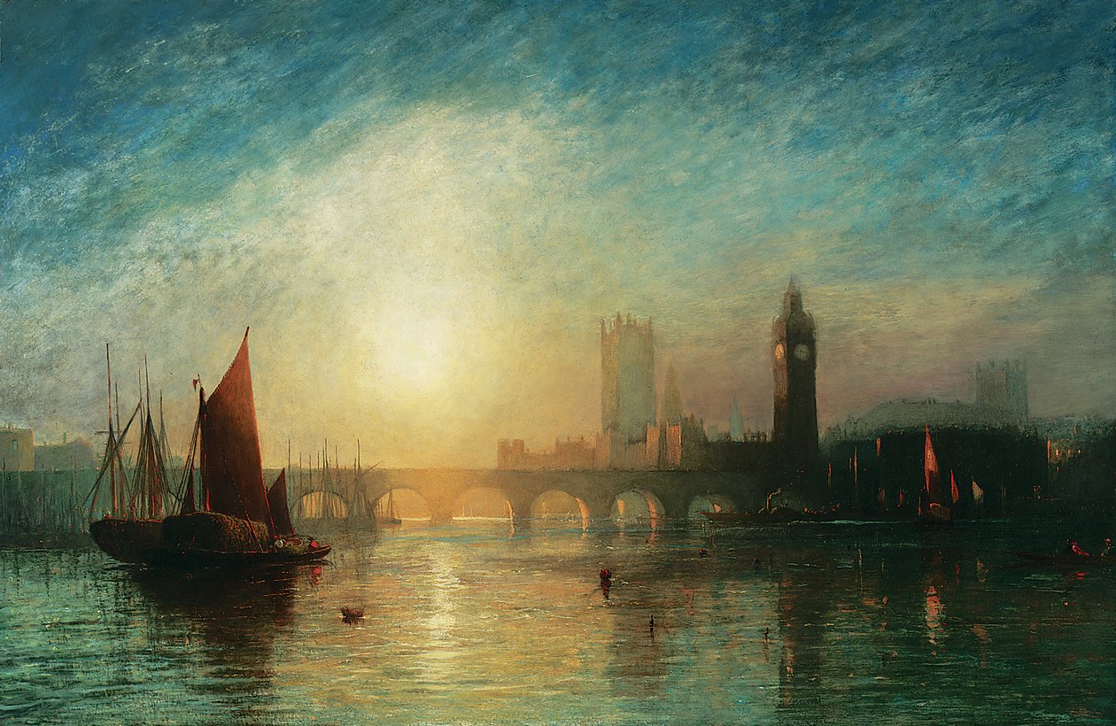 Kilátás a Westminster hídra és a Parlament épületére, szénabárkával és más hajókkal az előtérben, 1869 alkotó: James Francis Danby