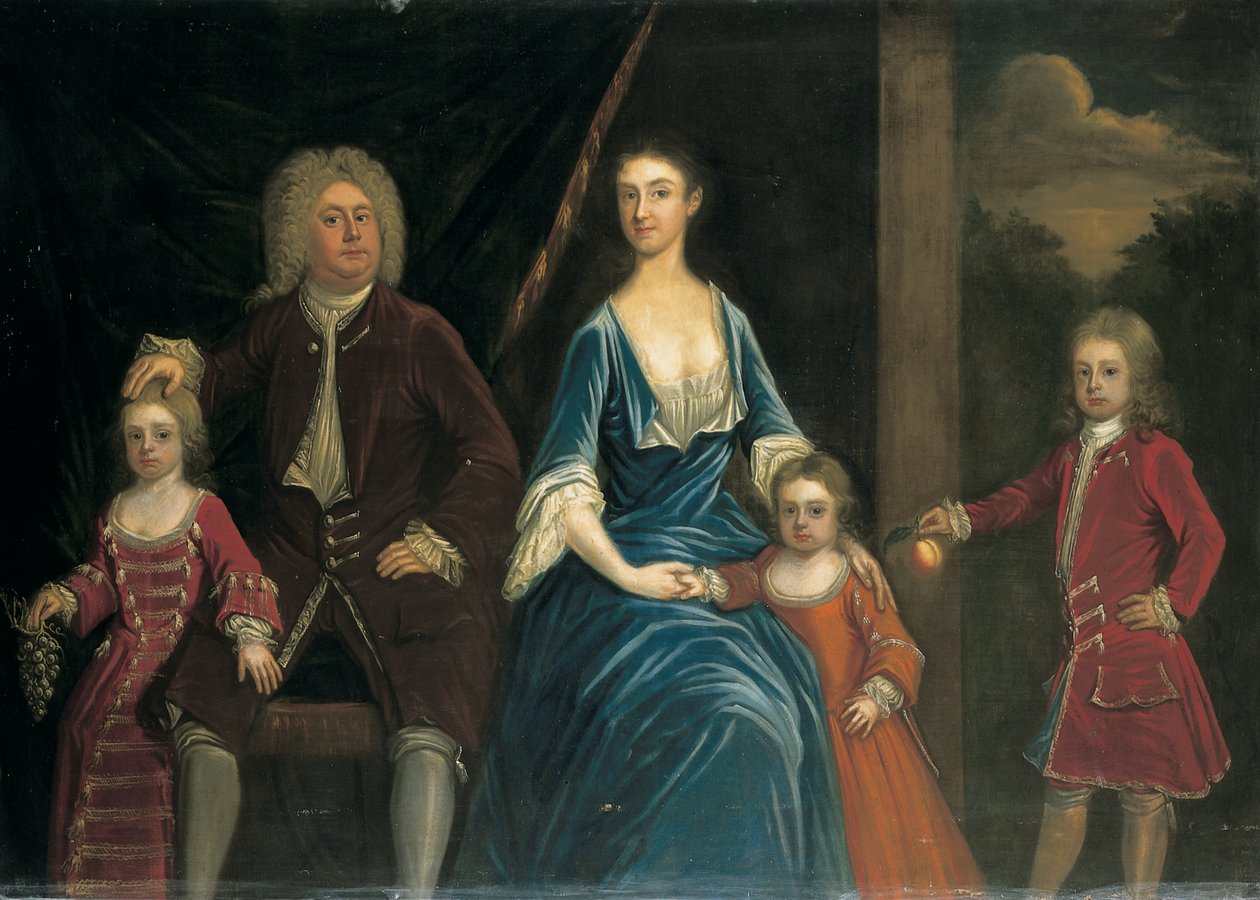 Henry, Wardour 5. Lord Arundell és felesége, Elizabeth csoportportréja gyermekeikkel egy belső térben, egy tájon túl alkotó: James Francis Maubert