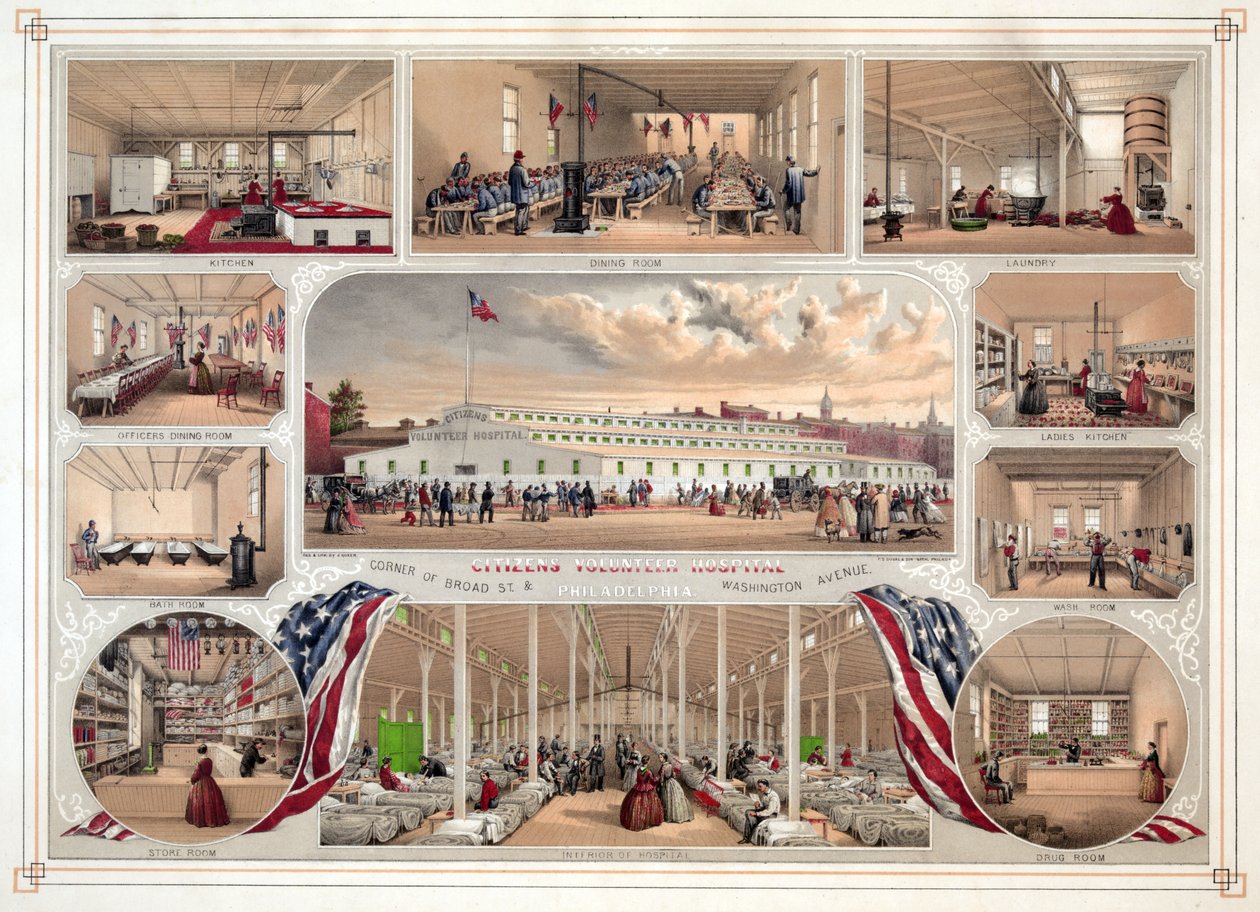 A philadelphiai Citizens Volunteer Hospital posztere, pub. 1862 alkotó: James Fuller Queen